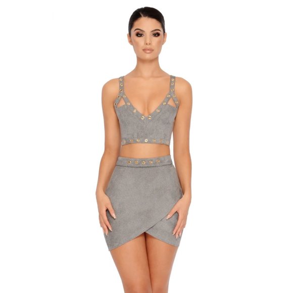 Oh Polly Grey Suedette Skirt Set - Picture 1 of 10